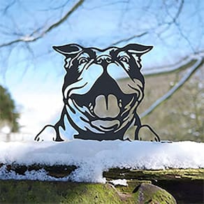 Decoração de jardim, arte em metal, estátua engraçada de animal espiando (cachorro)