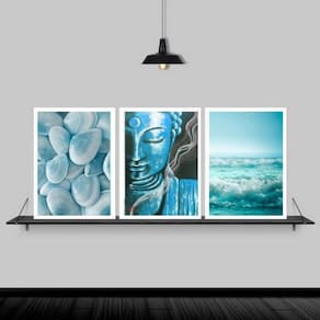 Kit 3 Quadros Zen Buda Mar Azul 33X24Cm Moldura Branca