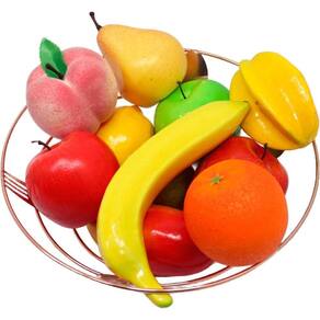 Kit Fruteira Frutas Artificial Isopor E Cesta Inox Rose Gold