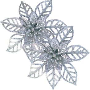 Kit 16 Flores Prata Gliter Decoração árvore De Natal De 14cm