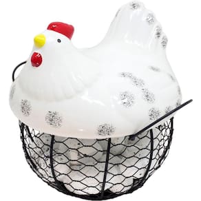 Cesto Galinha Porta Ovos Cerâmica Decorativo 12 Ovos Branco