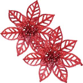 Kit 24 Flores Vermelha Gliter Decoração árvore De Natal 14cm