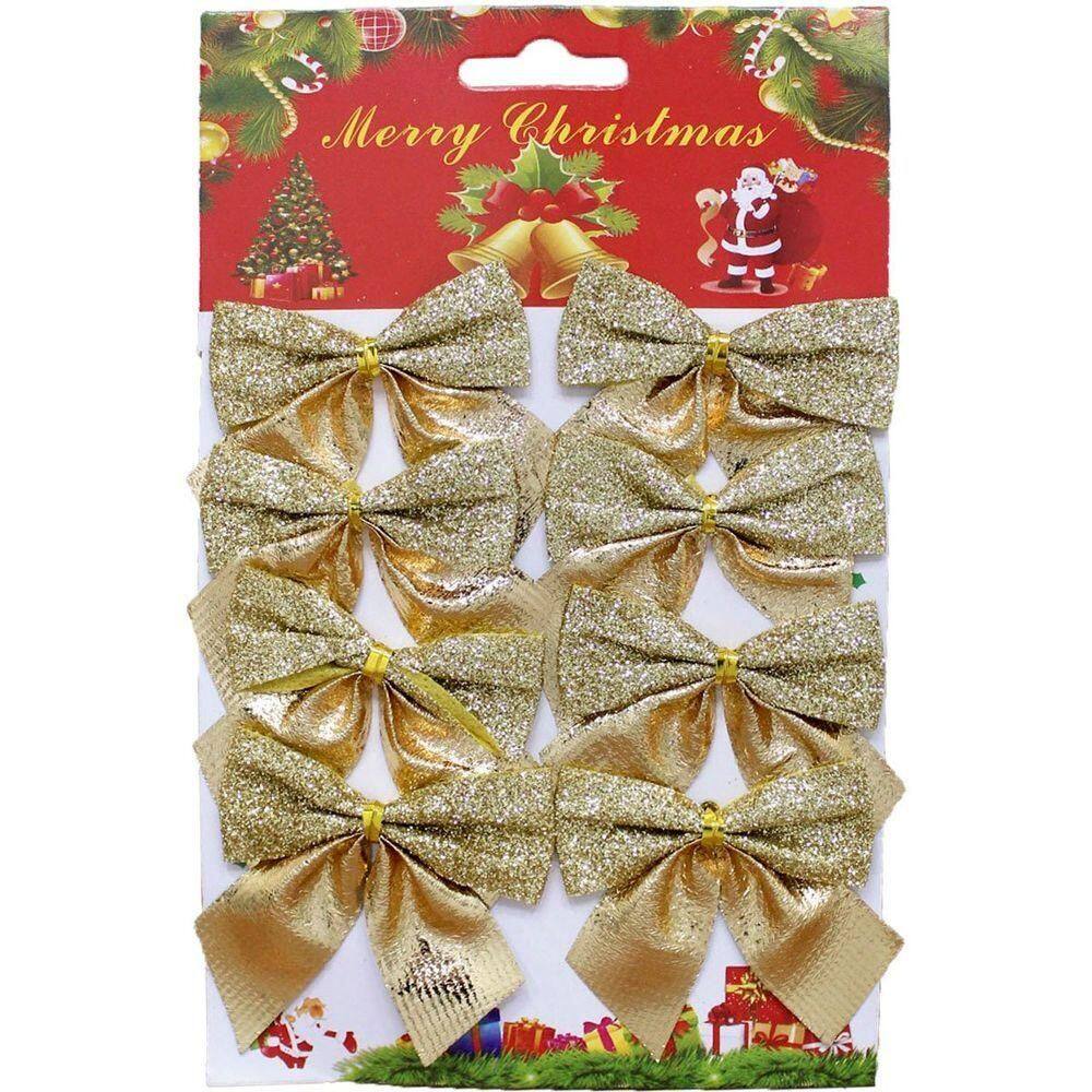 Kit 48 Enfeite árvore Natal Laço Lacinho Gliter Dourado 6cm