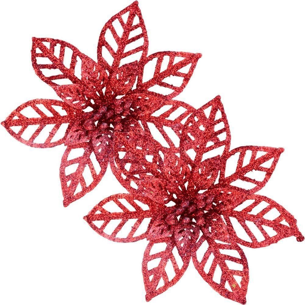 Kit 20 Flores Vermelha Gliter Decoração árvore De Natal 14cm