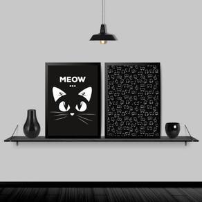 Kit 2 Quadros Gatinho Meow Preto E Branco 45X34 Vidro Preta