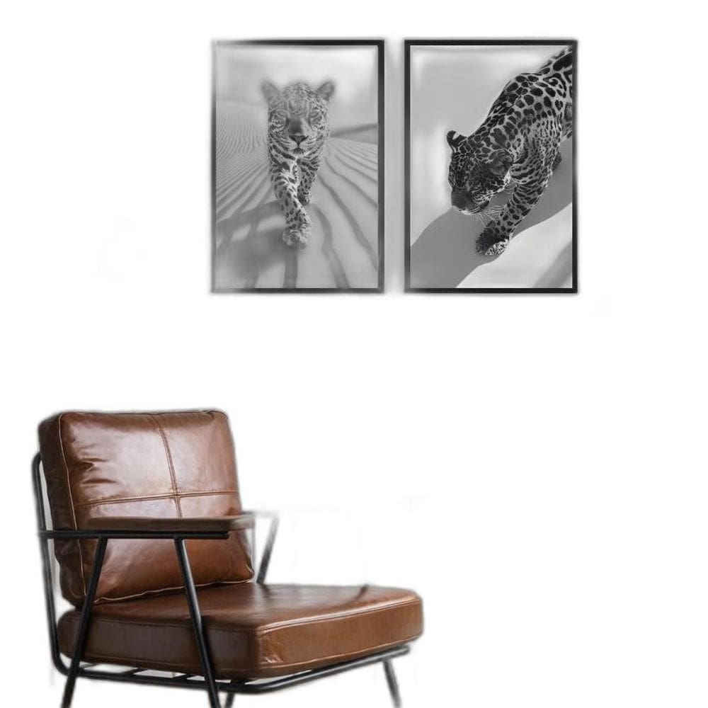 Kit 2 Quadros Fotos Leopardos Preto E Branco 45X34Cm - Vidro