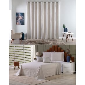 Kit Colcha Cobre Leito Casal + Cortina 3 Metros Tecido Rústico Topázio 6 Peças