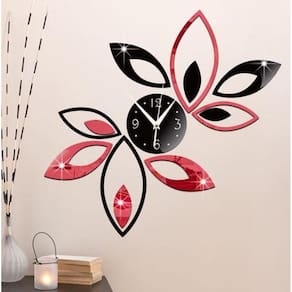 Relógio Acrílico Folhas Vermelho Preto Sala Escritório Decor