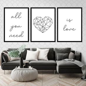 Kit 3 Quadros All You Need Is Love Coração 45X34 Vidro Preta