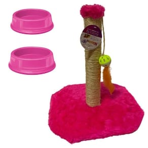 Kit Para Gatos - 1 Arranhador Torre E 2 Comedouros - Rosa