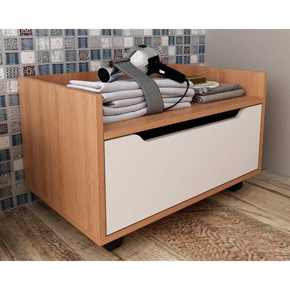 Balcão p/ Banheiro Suspenso c/ Rodizio BN3647 s/ Cuba c/ 1 Gaveta 60cm Amêndoa/Branco - Tecno Mobili
