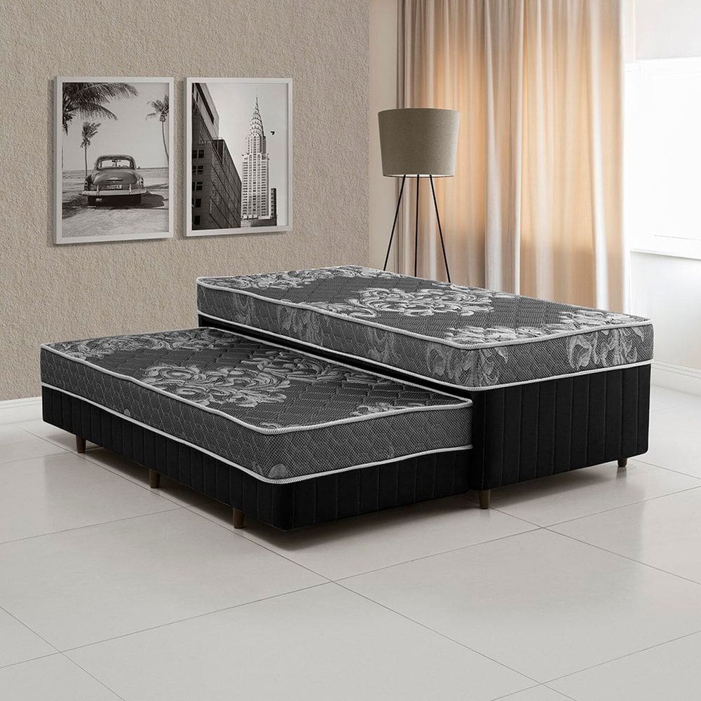 Cama Box Conjugada Solteiro com Auxiliar Preto