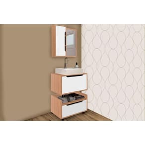 Balcão p/ Banheiro Suspenso BN3646 e c/ Rodízios BN3647 60cm e Armário c/ Espelho BN3648 60cm Amêndoa/Branco - Tecno Mobili
