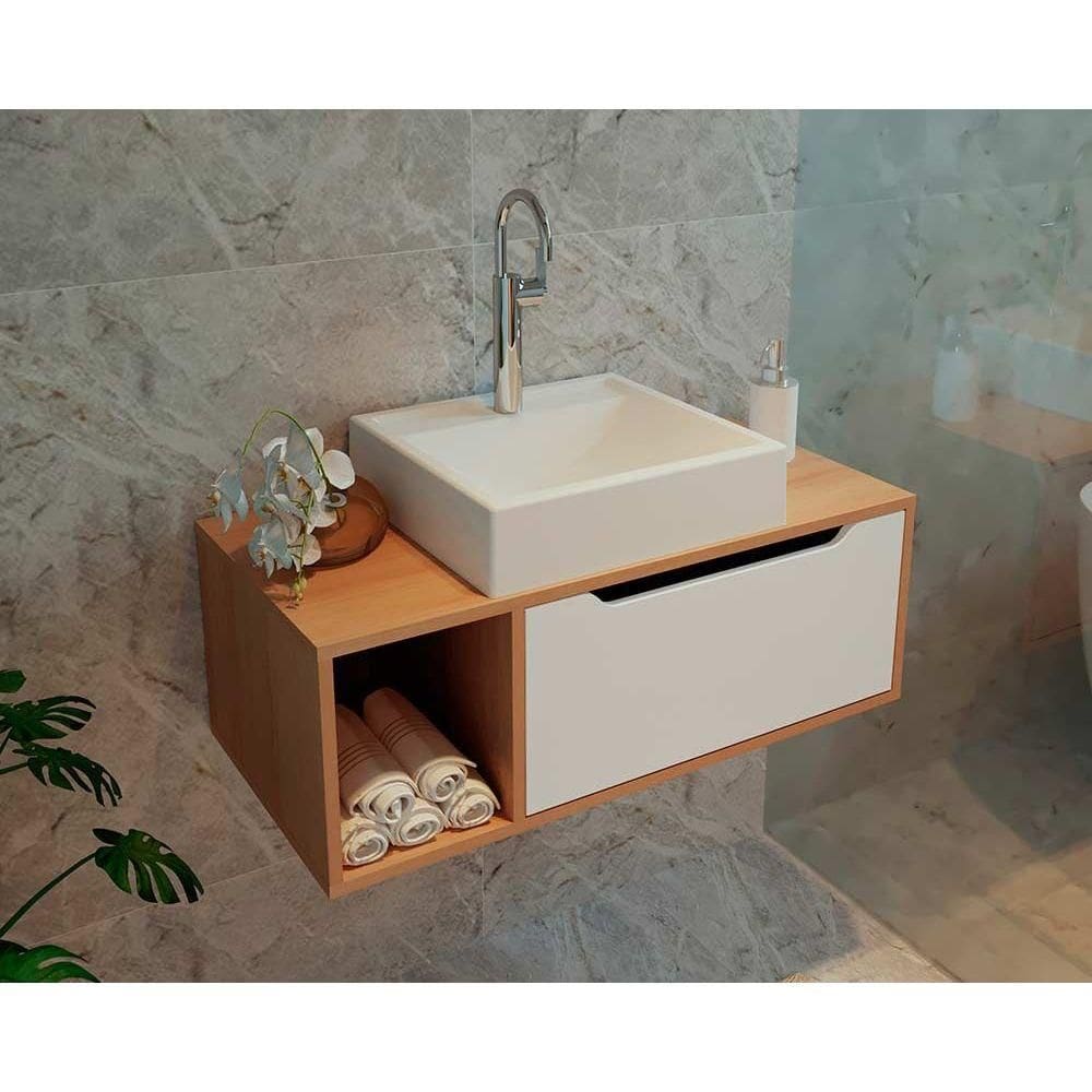 Bancada de Banheiro Suspenso BN3644 s/ Cuba c/ 1 Porta 80cm Amêndoa/Branco - Tecno Mobili