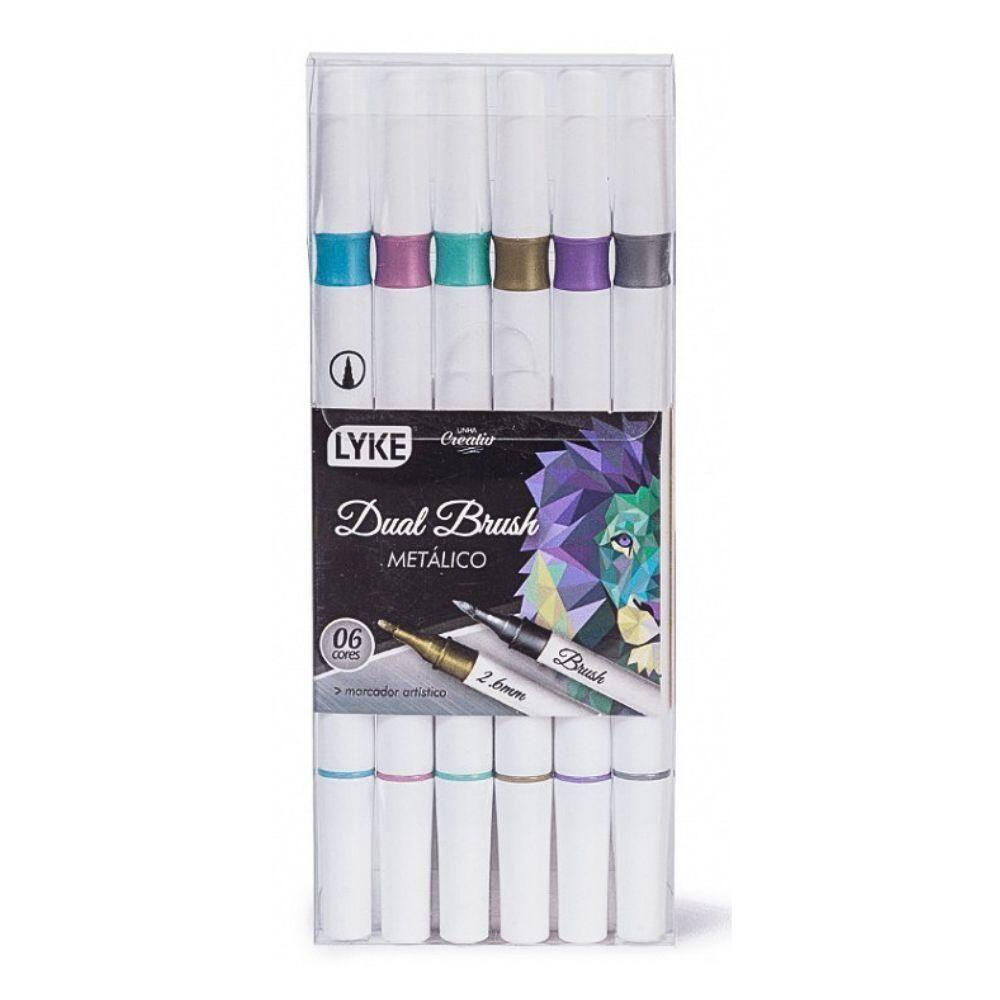 Marcador Dual Brush (brush + Marker) Metálico 6 Cores Lyke