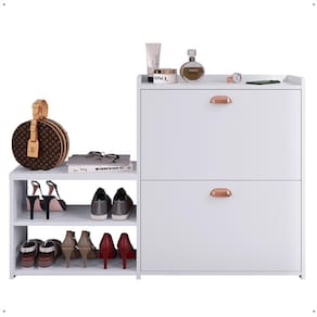 Sapateira Vertical Milano 2 Gavetas Basculantes Prateleira Porta Calçados Banquinho Hall Entrada Canto Quarto Retrô - Branco - RPM