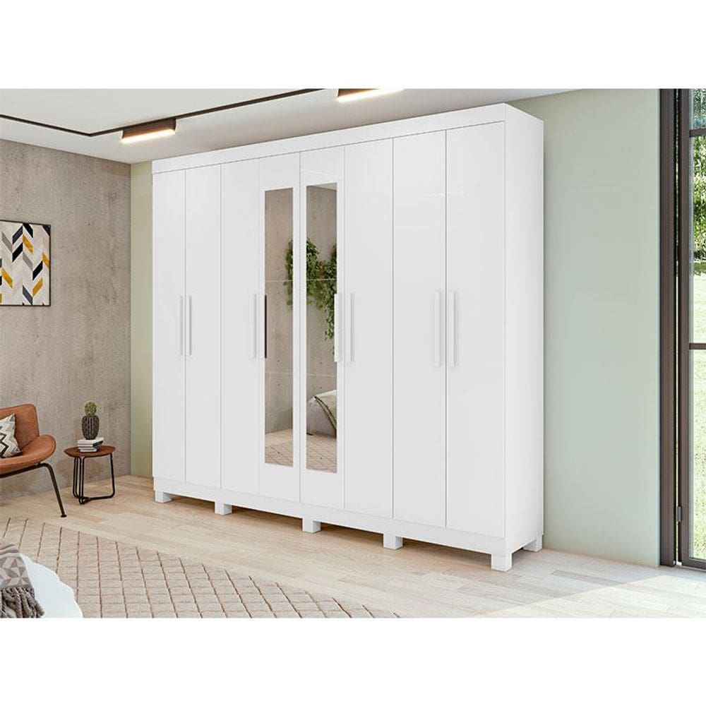 Guarda Roupa Casal Ambiente Andara Soft 8 Portas Branco Brilho com Espelho e Pés - Lopas