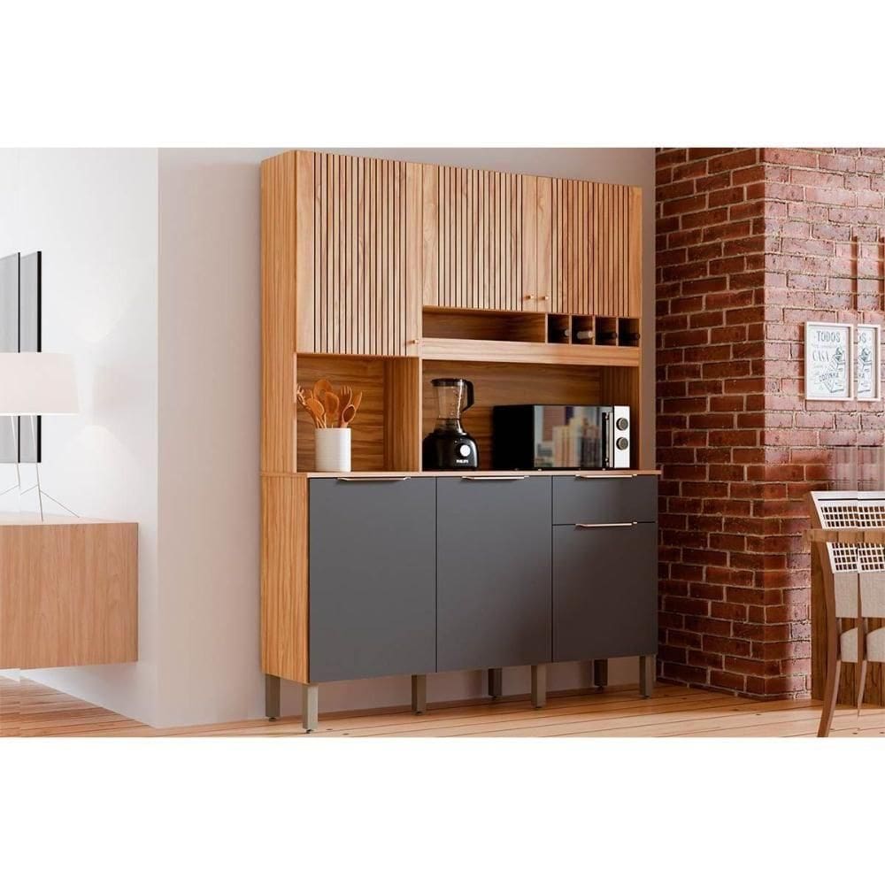 Cozinha Compacta Kit Moscato Com 6 Portas E 1 Gaveta 197x151cm Amendoa Grafite Ronipa
