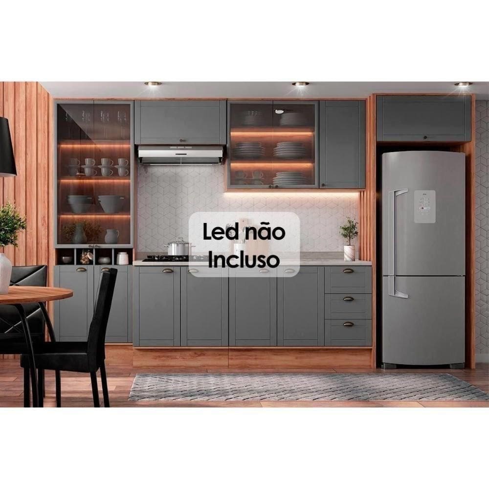 Kit Cozinha Modulada 9 Peças Bella 3 Aéreos + 2 Balcões+ Cristaleira +3complementos C9p53 Nogal Cinza-carraro