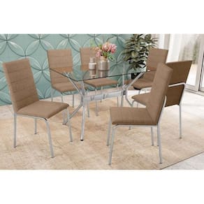Conjunto Mesa Sala Jantar Loire Com Tampo De Vidro 120x80cm E 6 Cadeiras Amsterdã Cromada Capuccino Kappesberg