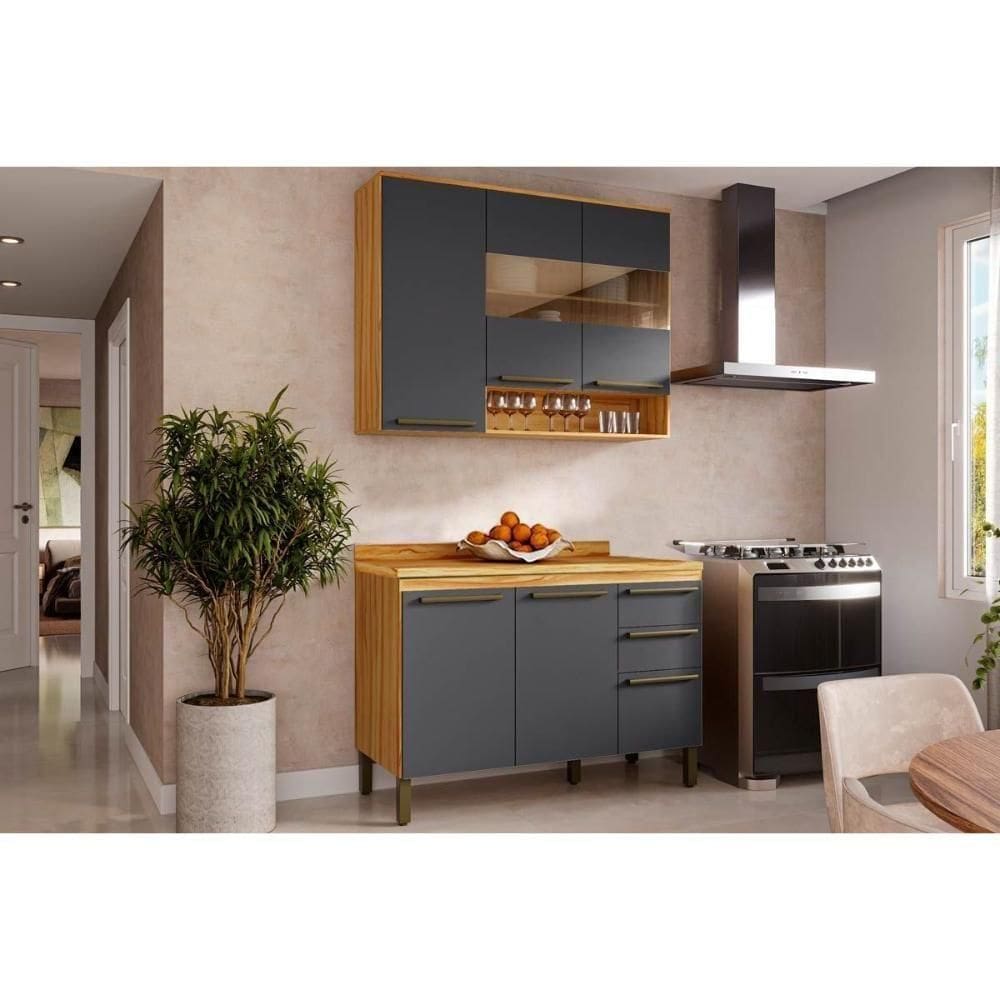 Cozinha Modulada Completa Nápoli 2 Peças 1 Aéreo + 1 Balcão C2p04 Amendoa Grafite Ronipa