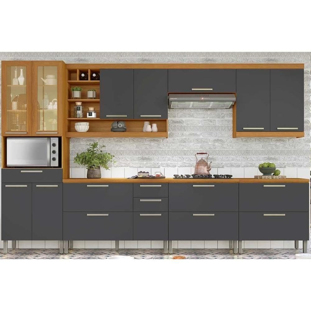 Cozinha Modulada Completa Burguesa Premium 7 Peças 33 Aéreos + 3 Balcões + 1 Paneleiro C6p58 Freijó Grafite