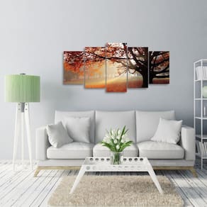 Quadro decorativo Árvore Folhas Vermelhas Mosaico 5 Peças