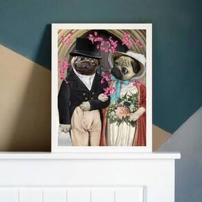 Quadro Decorativo Casamento Pug 24X18 C/Vidro Madeira Branca