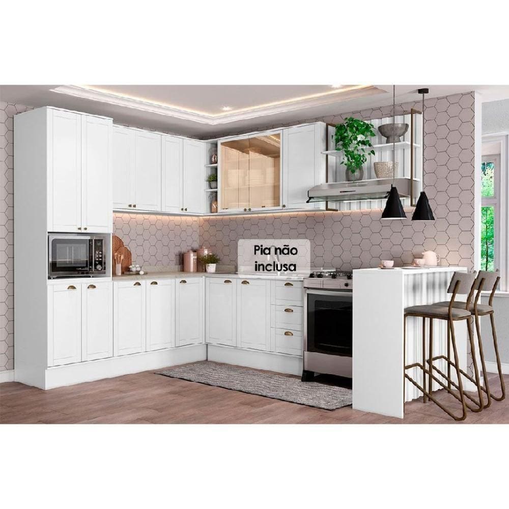 Kit Cozinha Modulada 9 Peças Bella 3 Aéreos + 3 Balcões + 1 Torre Quente+1ilha + 1 Complemento C9p200 Branco-carraro