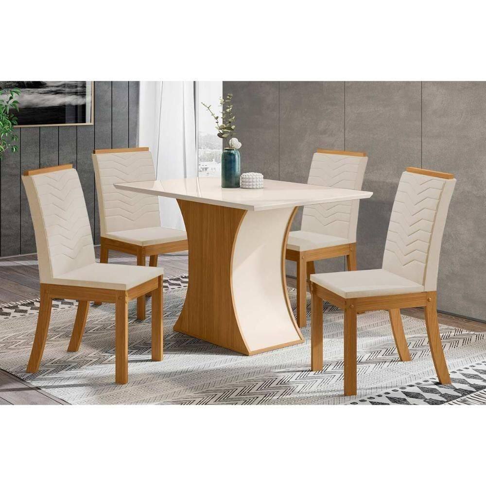 Conjunto Mesa De Cozinha Luiza Tampo Madeirado Com Vidro Reto 120x80cm E 4 Cadeiras Isa Nature Linho Henn