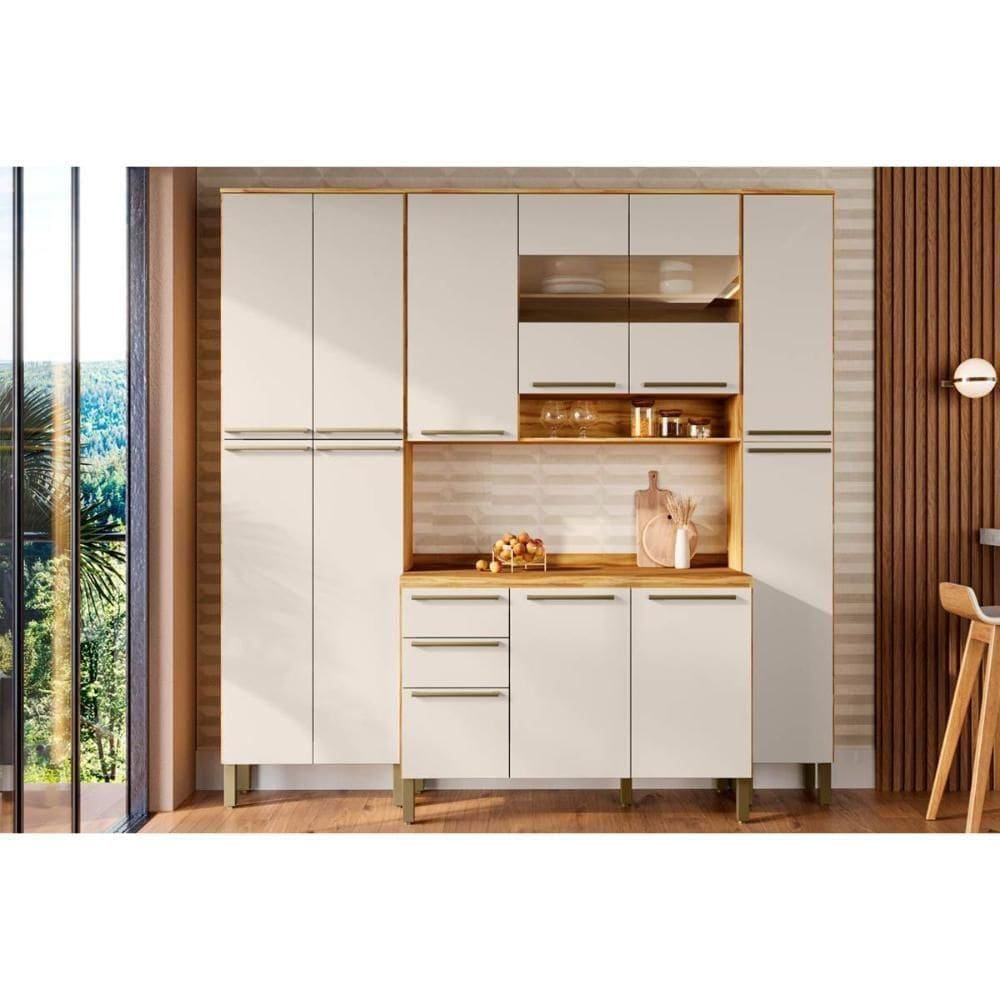 Kit Cozinha Modulada 4 Peças Nápoli 1 Aéreo + Balcão + 2 Paneleiros C4p95 Amendoa Off White Ronipa