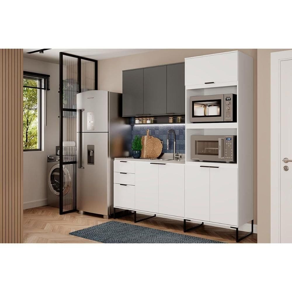 Cozinha Completa 3 Peças Alpha 1 Aéreo Balcão 1 Torre Quente C3p74 Branco Cinza Titanio