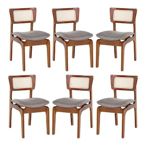 Kit 6 Cadeiras De Jantar Portugal Madeira Imbuia Com Encosto Tela Rattan Linho Cinza L55
