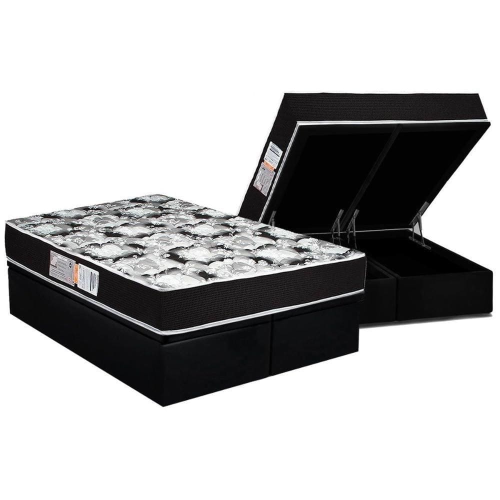 Conjunto Box Baú Queen: Colchão Molas Luckspuma D33 Supreme Pró Saúde Black + Base Crc Suede Black (158x198)