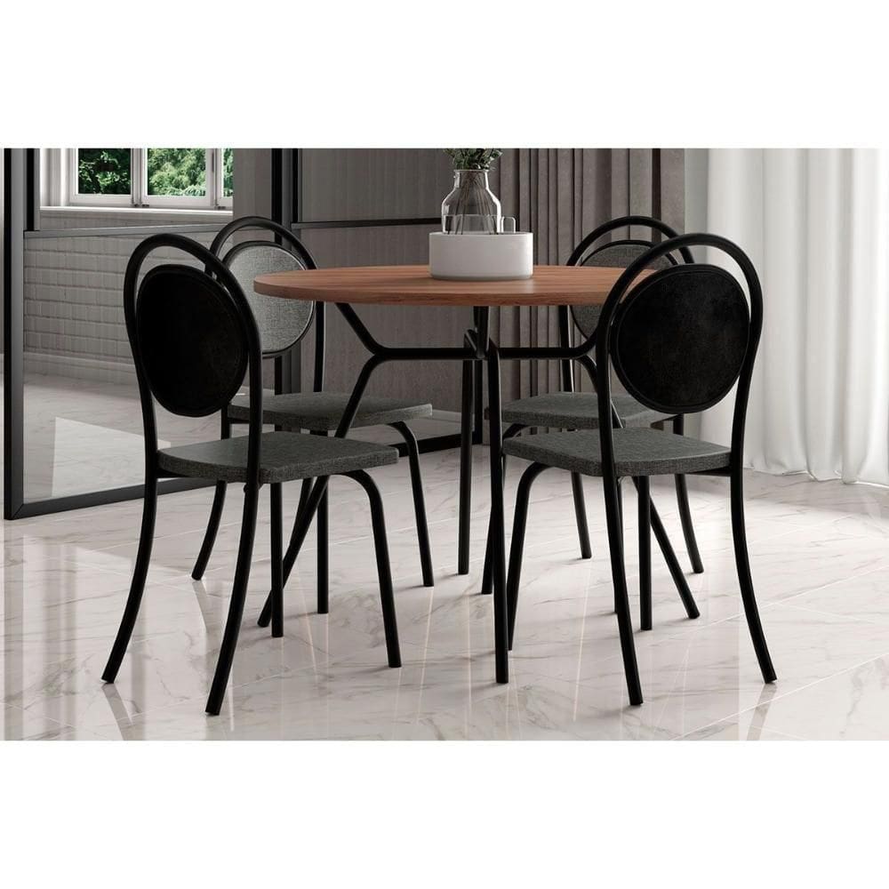 Conjunto Mesa De Cozinha 1588 Com Tampo Madeirado 100cm E 4 Cadeiras 1738 Preto Carraro