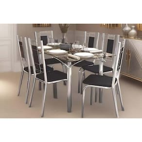 Sala De Jantar Elba Com Tampo De Vidro 80x150cm E 6 Cadeiras Florença Cromada Courano Preto