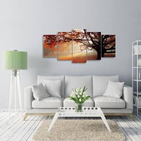 Quadro decorativo Árvore Folhas Vermelhas Mosaico 5 Peças