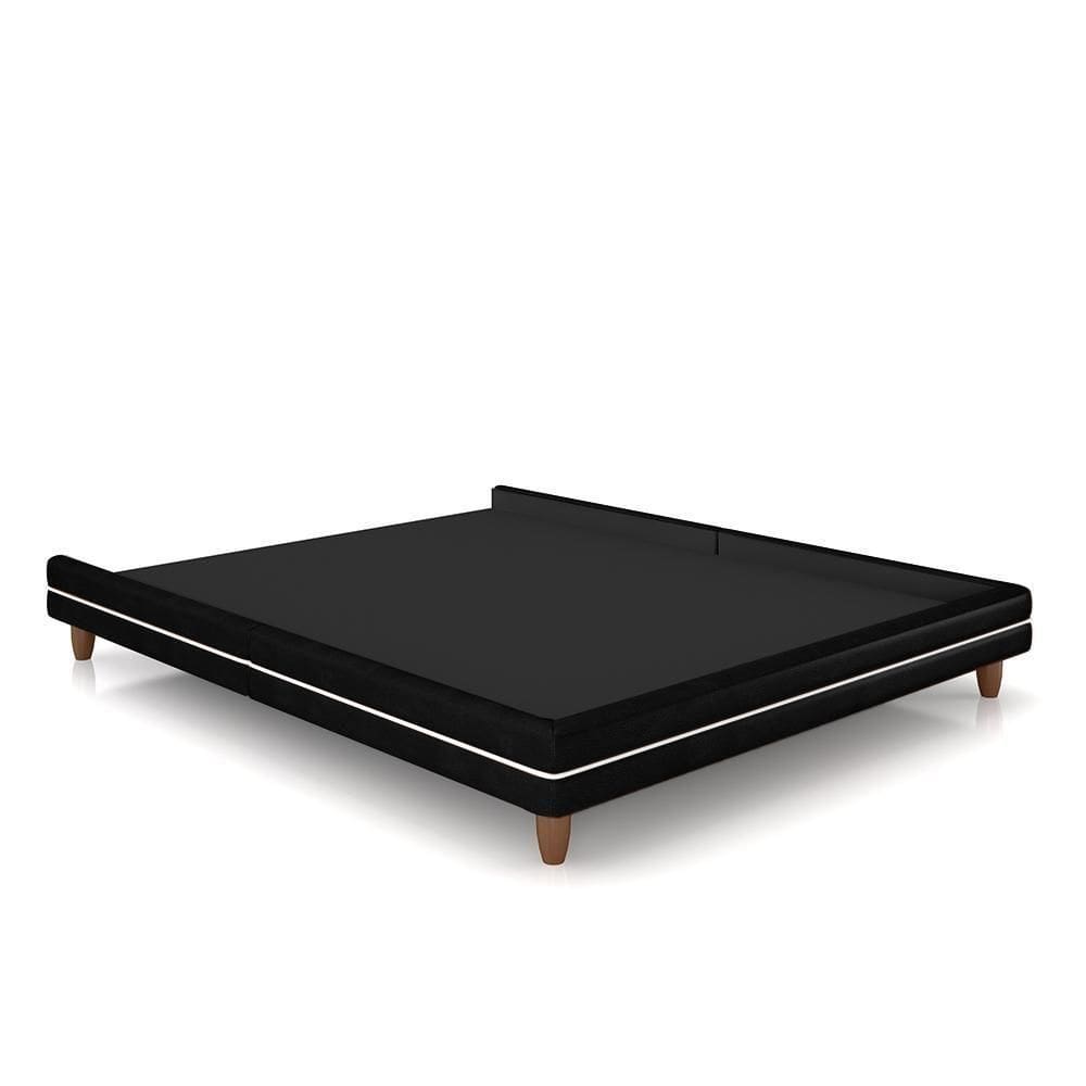 Cama Avulsa Para Colchão Queen Torres Pés Em Madeira Pu Preto G91 - Gran Belo