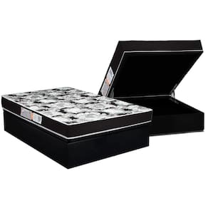 Conjunto Box Baú Casal: Colchão Espuma Luckspuma D33 Supreme Pró Saúde Black + Base Crc Suede Black (138x188)