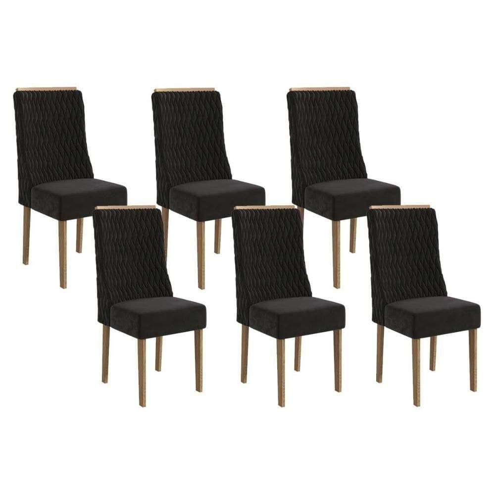 Cadeira De Cozinha 2cad158ng Kit 6 Un Nogueira Suede Preto A038