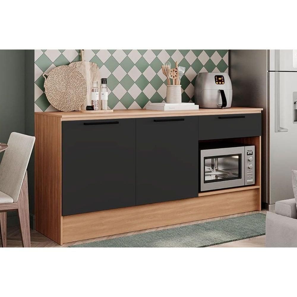 Gabinete De Cozinha Modulado Balcão Melissa 2 Portas E 1 Gaveta Com Tampo 190cm Freijó Grafite Telasul