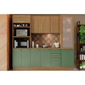 Cozinha Completa 5 Peças Botanic 1 Aéreo Balcão 2 Paneleiros 1 Complemento M650 Nogueira Verde Oliva