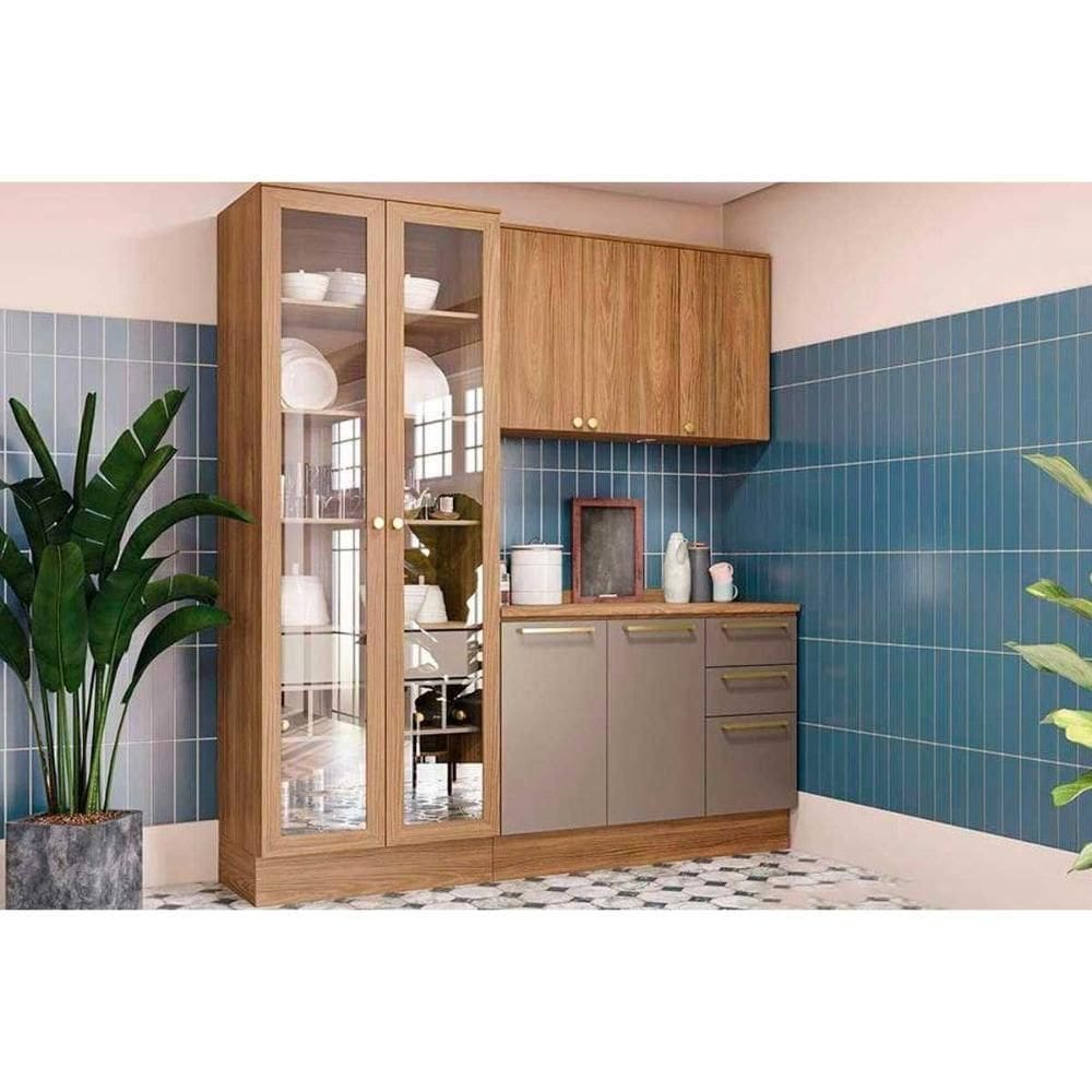 Kit Cozinha Modulada 4 Peças Botanic 1 Aéreo + Balcão + Cristaleira + 1 Complemento M656 Nogueira Fendi