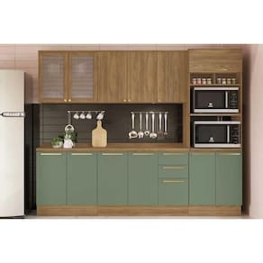 Kit Cozinha Modulada 7 Peças Botanic 2 Aéreos + 2 Balcões + 1 Paneleiro + 2 Complementos C7p36 Nogueira Verde