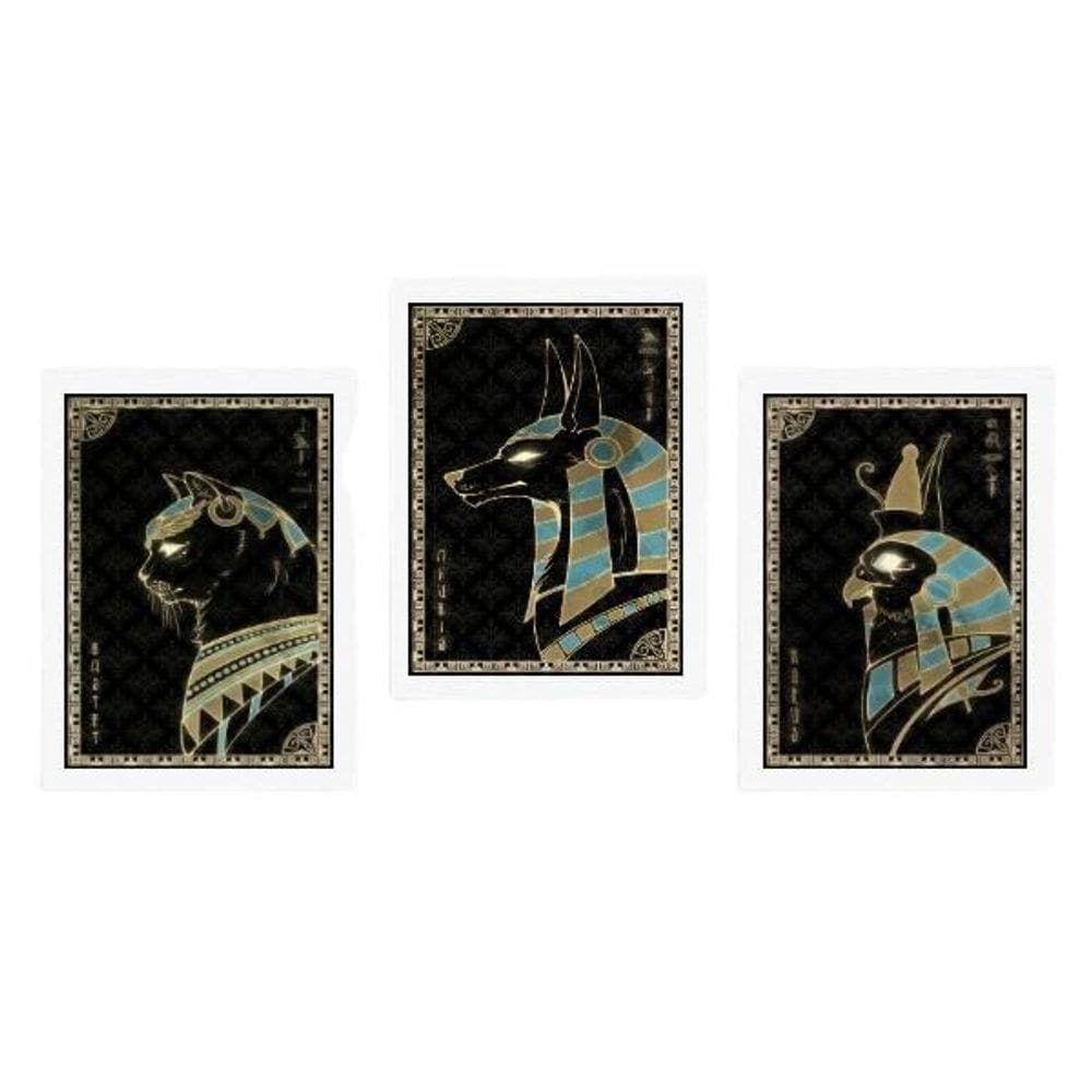 Quadros Místicos Animais Egípcios Moldura Branca 24X18Cm 3Un