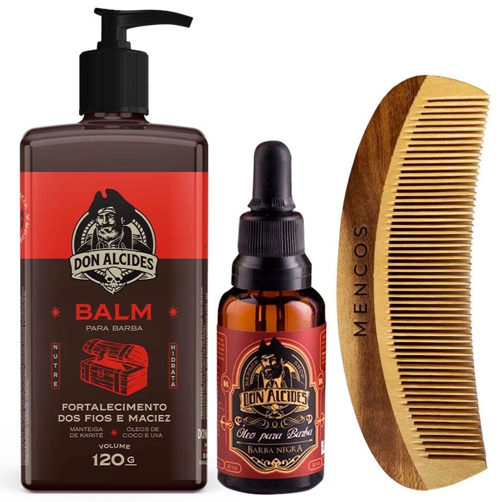 Kit Balm + Óleo + Pente de Madeira Barba Negra Don Alcides