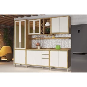 Kit Cozinha Modulada 7 Peças Tempranillo 2 Aéreos + 2 Balcões+ Cristaleira + 2 Complementos C7p77 Amendoa Off White Ronipa