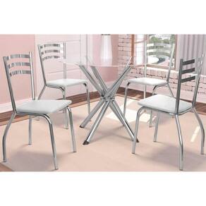 Sala De Jantar Volga Com Tampo De Vidro 95cm E 4 Cadeiras Portugal Cromada Branco