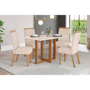 Conjunto Mesa Sala Jantar Natalí Com Tampo Madeirado Com Vidro Reto 120x80cm E 4 Cadeiras Bella Nature Linho Henn