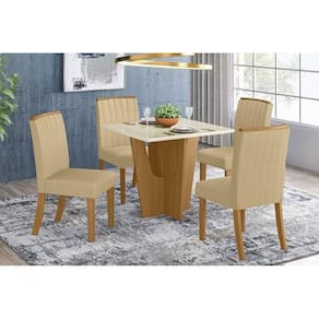 Conjunto Mesa De Cozinha Vértice Com Tampo Madeirado 90x90cm E 4 Cadeiras Tauá Nature Linho Henn